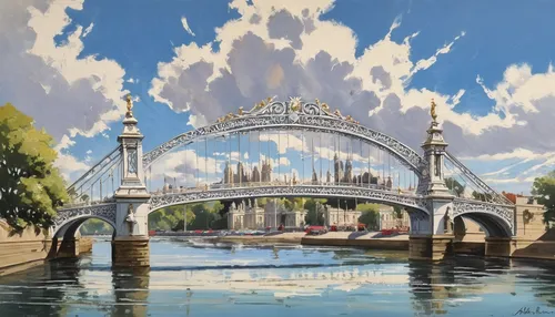 "Albert Bridge. Late Summers Day 10""x12"" £295",szechenyi chain bridge,bridge new europe,angel bridge,tied-arch bridge,tower bridge,arch bridge,love bridge,bridge arch,swing bridge,chain bridge,bridg