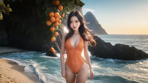 realistic rich colors, early morning, ocean, blue sky,,oranges,vitamin c,tropico,orange,apricot,beach background,oranges half,tangerine,papaya,orange fruit,orange color,nguyen,thongsuk,miss vietnam,ma