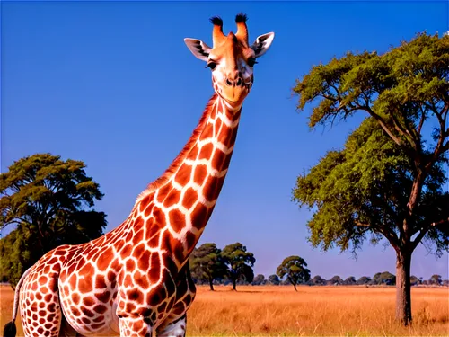 Giraffe, solo, standing, tall neck, brown fur, white patches, long eyelashes, bright eyes, smiling face, outdoor setting, savannah grassland, sunny day, blue sky, 3/4 composition, shallow depth of fie