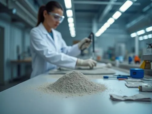 Fiber-cement material sample, industrial setting, laboratory table, various tools scattered around, bright fluorescent lighting, modern architecture background, sleek lines, minimalist decoration, eng