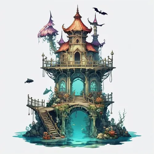 wishing well,house of the sea,underwater playground,sunken church,aquarium,fairy tale castle,Illustration,Abstract Fantasy,Abstract Fantasy 11