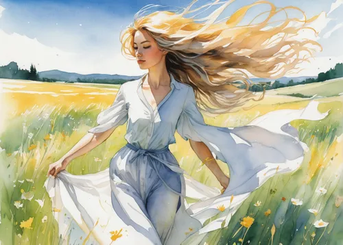 little girl in wind,jessamine,wind,windy,grasses in the wind,winds,wind wave,white horse,white bird,watercolor background,sprint woman,meadow,dandelion field,yellow grass,spring morning,the wind from the sea,gracefulness,cotton grass,dandelion flying,chamomile in wheat field,Illustration,Paper based,Paper Based 07