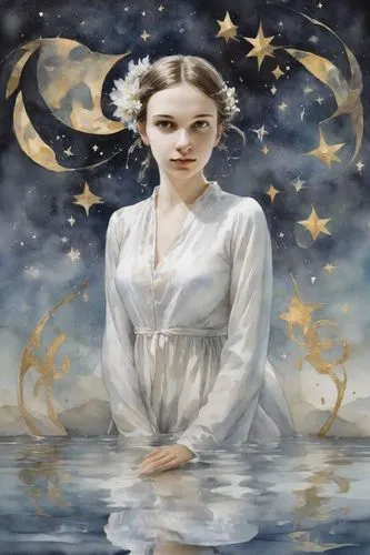 constellation swan,galadriel,frigga,star mother,the sea maid,winslet,amalthea,amphitrite,ariadne,margaery,the blonde in the river,zodiac sign libra,ophelia,mystical portrait of a girl,celeborn,the zodiac sign pisces,lillian gish - female,constellation lyre,mediumship,horoscope libra,Digital Art,Watercolor