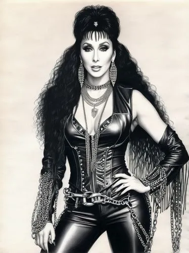 Cher, in 1980s Heavy Metal clothes, chains, rivets,tura satana,callisto,joan collins-hollywood,celtic queen,fantasy woman,cleopatra,madonna,1980s,dark angel,1980's,carpathian,lady honor,goth woman,bir