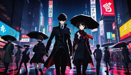 shinjuku,shibuya,umbrellas,cyberpunk,anime 3d,persona,japanese umbrellas,anime japanese clothing,tokyo city,walking in the rain,black city,shibuya crossing,huge umbrellas,tokyo,anime cartoon,ginza,harajuku,evangelion,black coat,tokyo ¡¡,Illustration,Retro,Retro 07