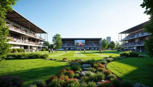 Lush green stadium surroundings, natural slopes, vibrant flower beds, manicured lawns, outdoor recreational spaces, sleek modern architecture, grand entrance gates, iconic scoreboard, sports facilitie