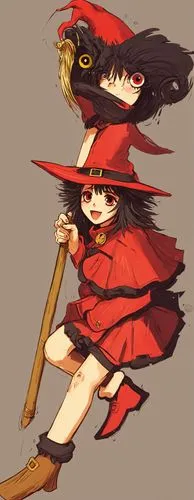 NIÑA BRUJA TRAJE ROJO CON ESCOBA CON OJOS,two anime characters that are wearing witch hats,nobukatsu,touhou,megu,ayano,rincewind,witch hat,Illustration,Paper based,Paper Based 17