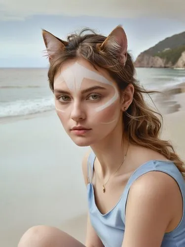 woman with cat face paint on sitting by the ocean,a girl has her face painted like a cat,world digital painting,khnopff,digital painting,kat,cat vector,feline look,Photography,Black and white photogra