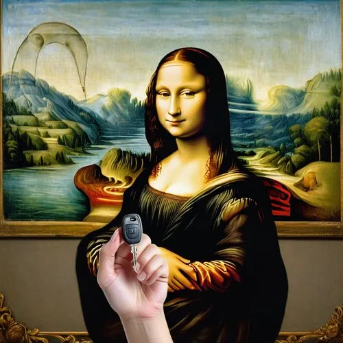 gioconda,perugino,parmigianino,mona,woman holding a smartphone,pinturicchio,monalisa,mona lisa,meticulous painting,woman holding pie,louvre,davinci,woman pointing,hand with brush,leonardo,italian painter,raffaello,louvre museum,painting technique,sfumato,Art,Classical Oil Painting,Classical Oil Painting 03