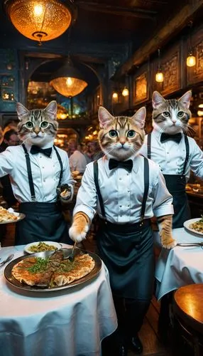 two cats in uniforms hold food for the camera,trattorias,waitstaff,caterers,oktoberfest cats,maggiano,fine dining restaurant,Photography,General,Fantasy