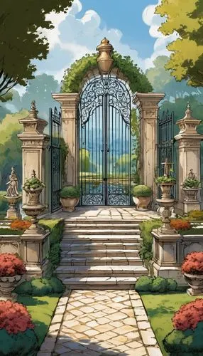 farm gate,garden door,stone gate,background design,background with stones,heaven gate,rose arch,gated,cartoon video game background,spring background,gate,backgrounds,fence gate,maplestory,pergola,iron gate,garden of eden,landscape background,secret garden of venus,springtime background,Illustration,American Style,American Style 13