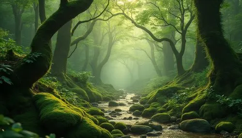 Moss green, natural scenery, vibrant forest, misty atmosphere, ancient trees, twisted vines, emerald moss covering stones, gentle streams, warm sunlight filtering through leaves, soft focus, shallow d