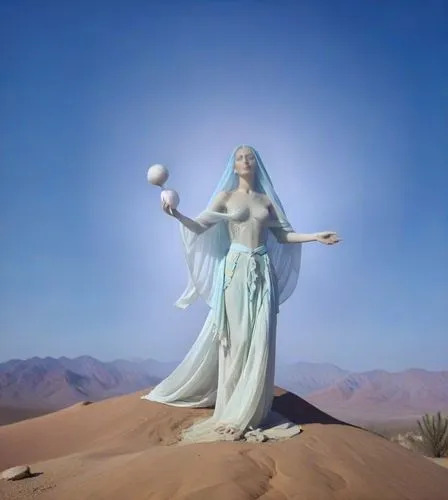 a woman with wings and a veil on top of a sandy hill,mother earth statue,mother mary,the prophet mary,mediatrix,bvm,penitentes