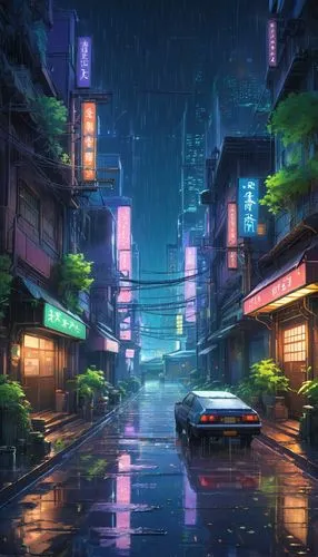 kamurocho,tokyo city,cyberpunk,cityscape,rainy,cybercity,Illustration,Japanese style,Japanese Style 03