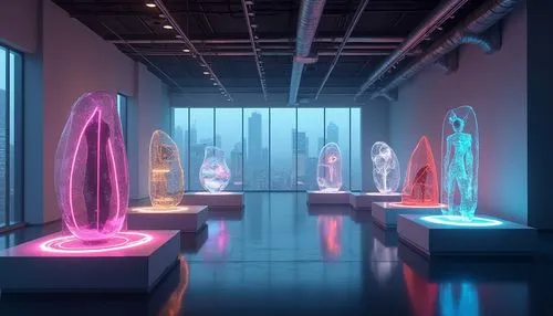 futuristic art museum,aqua studio,art gallery,graecorum,neon ghosts,fluorescents,a museum exhibit,neon cocktails,art museum,sensorium,vapor,silico,ufo interior,exploratorium,light space,exhibit,cyberarts,ngv,cinema 4d,3d render,Photography,General,Realistic