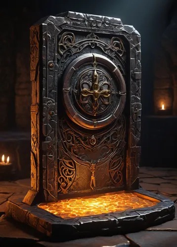 ancient icon,digital safe,iron door,medieval hourglass,portal,magic grimoire,cent,sun dial,card box,ship's wheel,shield,collected game assets,vault,wall safe,runes,artifact,lyre box,map icon,druid stone,award background,Conceptual Art,Fantasy,Fantasy 10