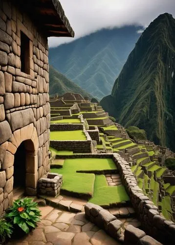 Incan architecture, ancient city, Machu Picchu, Peru, stone walls, intricate stonework, terraced fields, Andean mountains, lush green vegetation, misty atmosphere, warm sunlight, detailed textures, ru