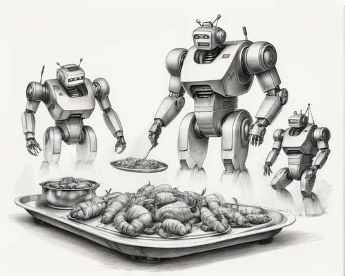 grilled food sketches,robots,food icons,kids' meal,breakfast plate,food line art,fried food,fried meat,meat analogue,cooking book cover,fritters,meals,cooks,cuisine,grilled food,sci fiction illustration,meat products,concept art,robotics,droids,Illustration,Black and White,Black and White 35