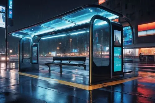 Modern bus stop, futuristic design, curved glass roof, metal framework, sleek lines, neon lights, urban cityscape, nighttime scene, blurred car lights, raindrops on glass, reflection of city buildings