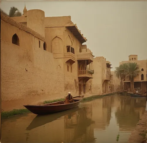 Historic buildings facing canel. Traditional small boats sailing in canel. Arab passengers. Many dairy pulms on the both side of canel. Basra style architectur. Shanashil.,jaisalmer,riad,qasr al watan