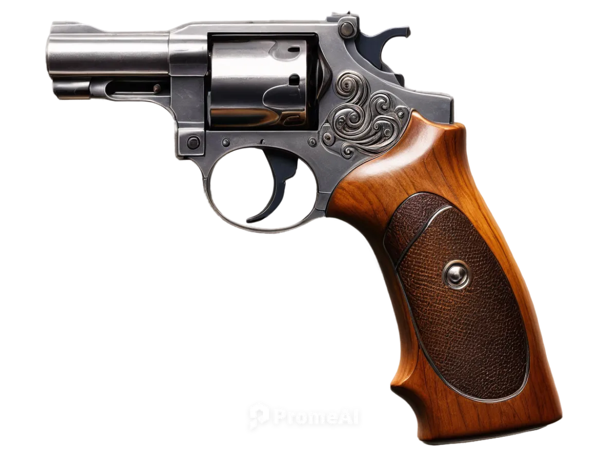 Revolver 38, vintage handgun, metal material, detailed engravings, wooden grip, silver bullet, loading animation, close-up shot, dramatic lighting, cinematic composition, shallow depth of field, warm 