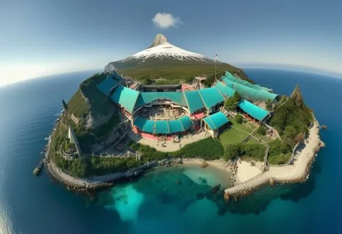 the island has a lot of tables on it,malaparte,over water bungalows,moorea,popeye village,flying island,raja ampat,Photography,General,Realistic