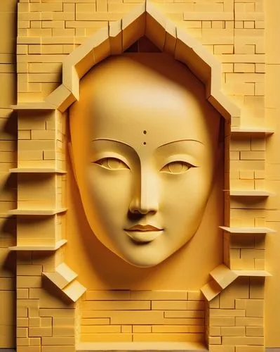 yellow ceramics brick wall,golden buddha,buddha purnima,buddhadev,buddha,nibbana,vesak,buddha statue,tathagata,buddhaghosa,buddha focus,rimpoche,golden mask,shakyamuni,buddha figure,theravada buddhism