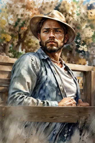 farmer in the woods,man on a bench,photo painting,farmer,american frontier,drover,italian painter,indiana jones,lincoln blackwood,world digital painting,artist portrait,pilgrim,custom portrait,western,forrest,gardener,oil painting,portrait background,western film,gale