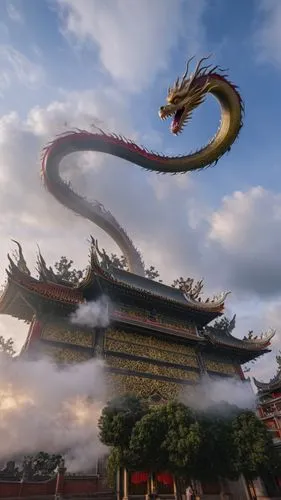 A Chinese dragon soars through the clouds in the sky, surrounded by mist.,chinese dragon,dragon li,golden dragon,chinese clouds,dragon bridge,forbidden palace,dragon boat,chinese temple,fire breathing