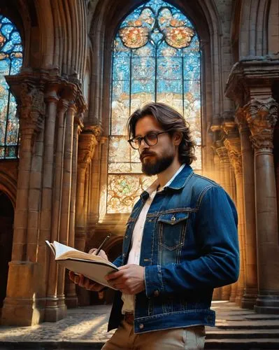 Middle-aged, male, architectural historian, glasses, messy brown hair, beard, worn denim jacket, white shirt, dark blue trousers, brown leather shoes, holding a notebook, standing, old historic buildi