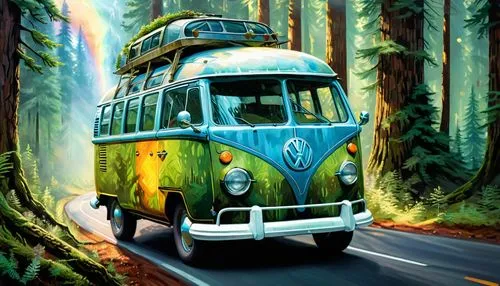 Double exposure 25th century VW T1 Bus Starwars edition on highway through autom forest in Canada,  water color cinematic brilliant intricate, fantasy, Greg rutkowski, hyperdetailed, trending, Unreal,