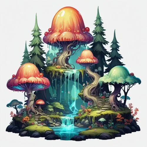 mushroom landscape,mushroom island,fairy village,fairy forest,fairy house,fairy world,Illustration,Abstract Fantasy,Abstract Fantasy 11