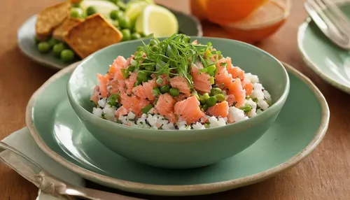 Imagine a cozy dinner party where guests are pleasantly surprised by a unique twist on salmon tartar.,arborio rice,salmon tartar,rice with seafood,salmon fillet,hayashi rice,carrot salad,basmati rice,