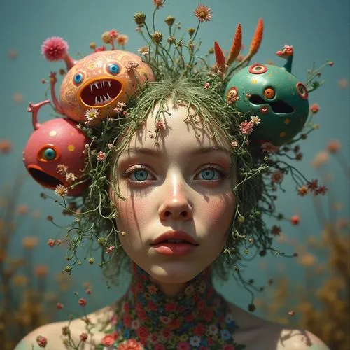 fairy peacock,dryad,fantasy portrait,medusa,faerie,faery,3d fantasy,surrealism,girl in a wreath,mushroom hat,fantasy art,flowerheads,spring crown,dryads,doll's head,fairie,headpiece,whimsical,artist doll,doll head