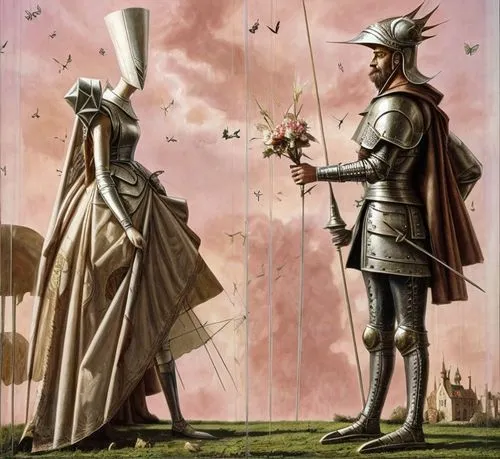 Don QUIXOTE in armor, with an open visor and a large mustache, gives flowers to the white chess queen in an expensive medieval dress and high headdress. The couple stands opposite each other with thei