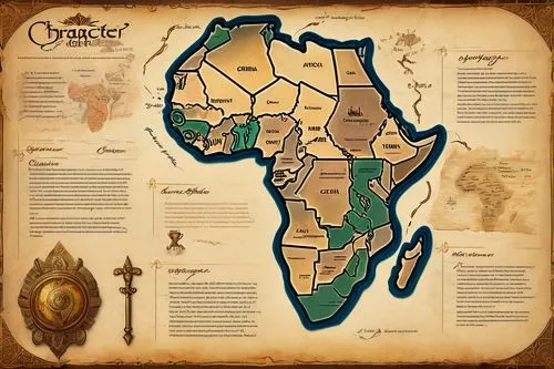 Alternate map of Africa, fantasy world, vibrant colors, intricate borders, ornate typography, worn parchment texture, golden ink, faded coffee stains, creased paper, ancient scrolls, mysterious atmosp