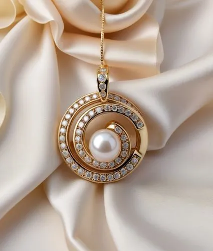 A pendant with round diamonds  on the ribbon, and bone colored pearls  ,high quality, high resolution, ultra distills, 8k,a pearl in an open circle with diamonds on a white satin,love pearls,art deco 