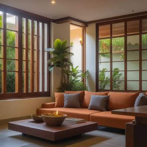 Create similar images with part double heights and part bali style courtyards with entrance foyer looking into an internal courtyard on the first floor and an external courtyard with an artistic frang