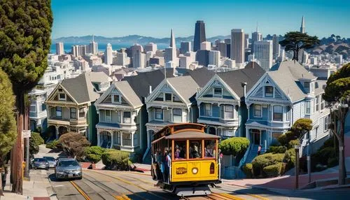 San Francisco architecture tour, daytime, sunny weather, clear blue sky, Victorian houses, ornate decorations, steep roofs, colorful facades, intricate wooden details, vibrant flower boxes, narrow sid