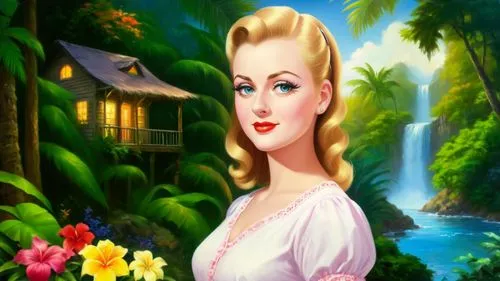 Romantic masterpiece oil painting, beautiful girl portrait, nostalgic 1950's style kitsch, vibrant rainforest quaint cottage landscape, lush tropical jungle paradise, summer beach scenery, by Thomas K