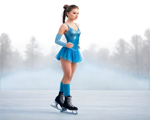 winter sport, ice skater, solo, dynamic pose, young adult, athletic build, sparkly costume, glittery eye shadow, rosy cheeks, ponytail, ice skates, laces tied, frozen lake, morning mist, soft focus, w