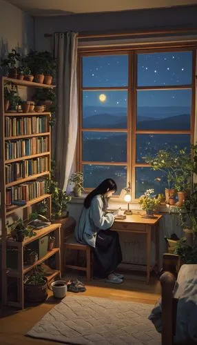 satrapi,crewdson,farrokhzad,hikikomori,night scene,girl studying,Illustration,Realistic Fantasy,Realistic Fantasy 31