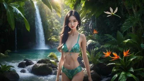 Green jungle, tropical flowers, waterfall, water splashes, dragonflies, birds of paradise,mermaid background,fantasy picture,tamanna,dyesebel,themyscira,world digital painting,amazonica,jennylyn,3d ba