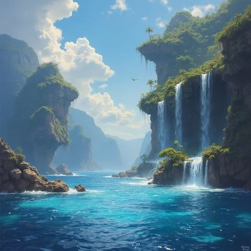 fantasy landscape,underwater oasis,cliffs ocean,landscape background,cascada,waterfalls,Conceptual Art,Fantasy,Fantasy 10