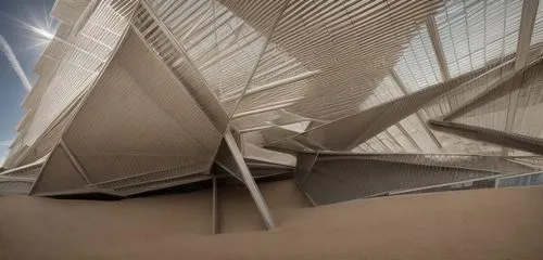 perspective shot between building  outdoor on the mountain  looking up to  the sky and part of the transparent tensile white fabric with rounded columns metal and  the inclined triangular buildings' p