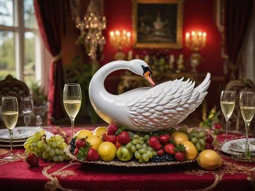 centrepiece,decoration bird,place setting,ornamental duck,tureens,persian new year's table,the head of the swan,tableware,table decoration,dinnerware,table setting,st martin's day goose,seasonal autumn decoration,centrepieces,sumptuous,thanksgiving table,tabletop photography,thanksgiving background,crockery,an ornamental bird,Illustration,Realistic Fantasy,Realistic Fantasy 29