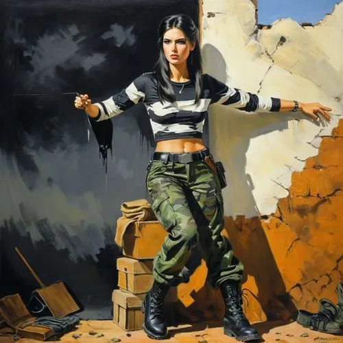 painting of a girl in combat pants holding her arm out,girl with gun,rosita,woman holding gun,frazetta,girl with a gun,aphra,Illustration,Retro,Retro 14