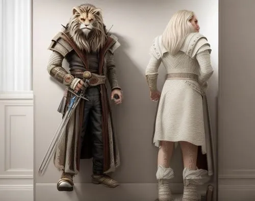 biblical narrative characters,protectors,cg artwork,mother and father,cosplay image,heroic fantasy,size comparison,lions couple,lion white,3d fantasy,fantasy picture,dwarves,vilgalys and moncalvo,guards of the canyon,father and daughter,cullen skink,fur clothing,imperial coat,sci fiction illustration,male elf,Common,Common,Natural