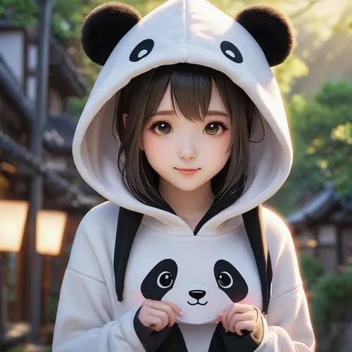 An adorable anime girl with a panda hoodie pfp,an anime girl is posing with a panda bear hoodie,kawaii panda,kawaii panda emoji,little panda,panda,pandas,pandeli,Photography,General,Natural