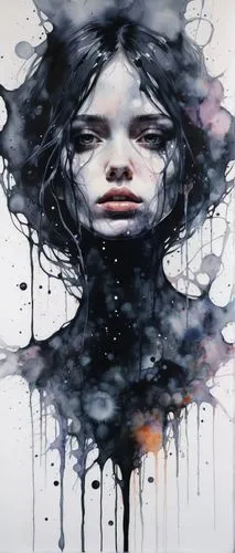 drips,mystical portrait of a girl,dark art,echo,disintegration,chalk drawing,sorrow,thick paint strokes,shattered,splintered,decay,abstract artwork,girl in a long,transience,numbness,art painting,la violetta,streetart,graffiti art,fragility,Illustration,Paper based,Paper Based 20